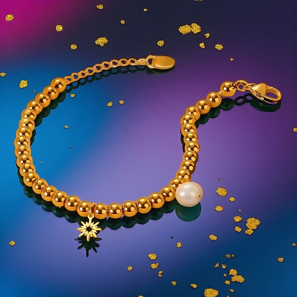 🆕️18K Gold Plated Stainless Steel Beaded Bracelet with Sun & Pearl Charms ✨ - Picture 8 of 15